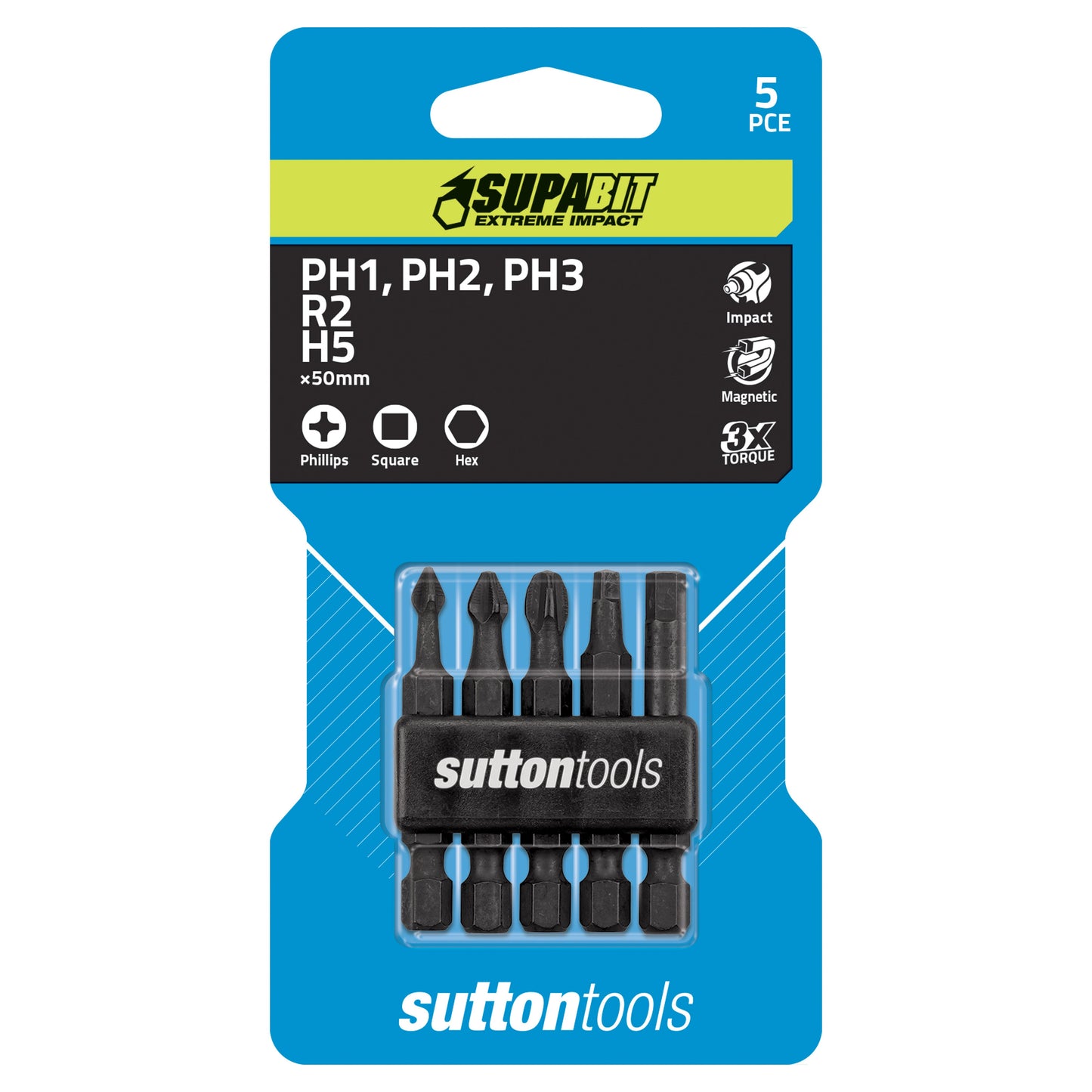 Screwdriver Bit 5 Piece Set – Impact PH1, PH2, PH3, R2, H5 Supabit