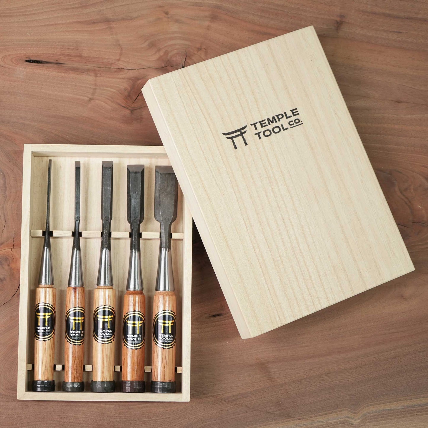 Temple Tool Co Japanese Bench Chisels Box Set (1", ¾", ½", ¼", ⅛")